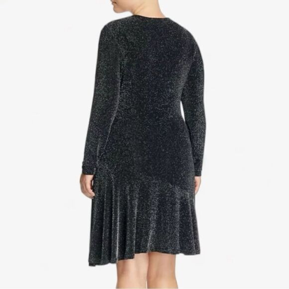 Michael Michael Kors, Metallic Knit Wrap Cocktail Dress, 1X Black, Gold, Silver - Picture 2 of 14